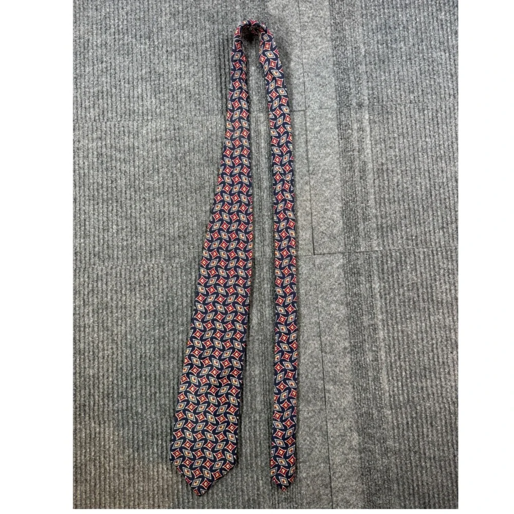 Christian Dior La Chemise Mens Silk Tie Navy Blue Red Gold Geometric Diamond